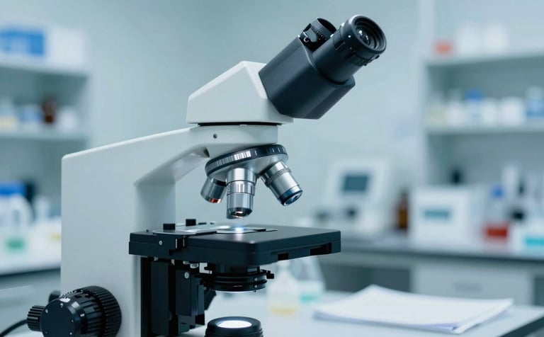 North American / US clinical research setting. A close-up of a high-resolution microscope and professional lab equipment in a brightly lit, sterile laboratory environment. Authoritative and scientific style, using light blue and navy tones for a clinical feel.