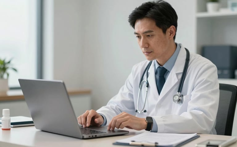 North American / US medical office. A professional setting where a doctor is reviewing clinical data on a laptop. The lighting is crisp and neutral, highlighting a modern and trustworthy healthcare environment. Clean lines, professional depth of field.