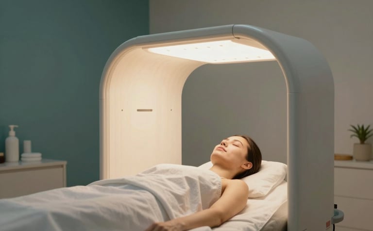 A serene, high-end wellness treatment room where a patient is relaxing under a modern, sophisticated polychromatic light therapy panel. The light emitted is a soft, warm glow. The room features clean lines and natural materials, reflecting a mood of modern professionalism and holistic healing with a palette of #2F6F6B and #F8F5EF.