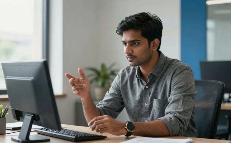 A professional in a modern South Asian / Indian office environment, wearing business casual attire, engaged in serious discussion. The setting is bright and clean with dark navy and steel blue decor accents. Soft daylight coming from a side window.