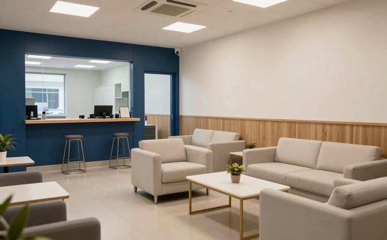 A clean and professional community center interior in a South Asian / Indian city, with warm lighting and a trustworthy atmosphere. Steel blue and soft off-white furniture accents create a modern, welcoming space.