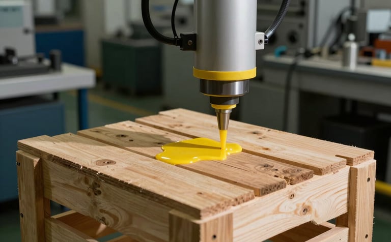 Detailed shot of an industrial adhesive application process on a wooden crate. The scene takes place in a robust Iberian / Latin American manufacturing plant. Deep shadows with bright yellow highlights and a sense of strength.