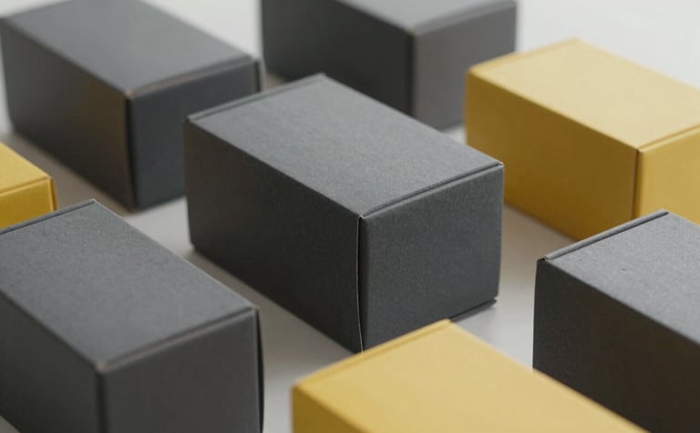 A collection of finished, premium branded boxes with high-quality industrial printing and finishes. Clean, minimalist composition in a professional Iberian / Latin American office, featuring charcoal grey and yellow tones.