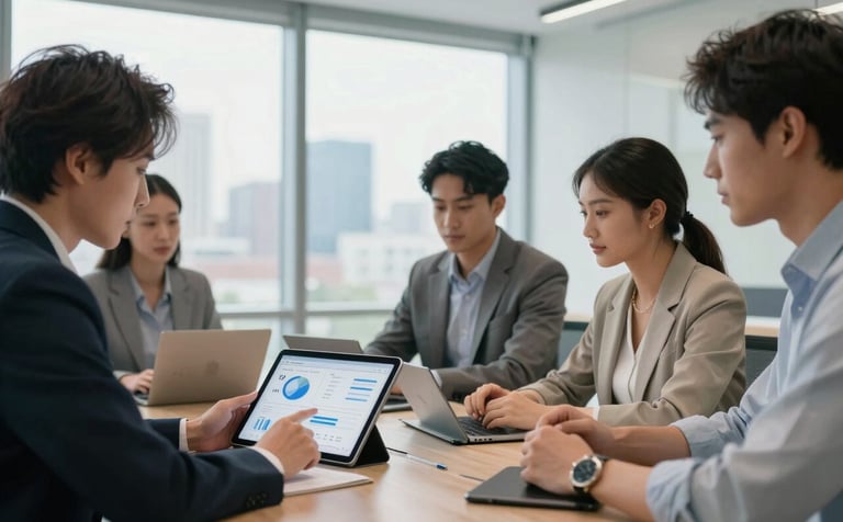 A bright, modern North American conference room. A team professional is using a tablet to review app performance analytics. The background features a large window with a clean city view and a sophisticated architectural feel. The style is innovative and modern.