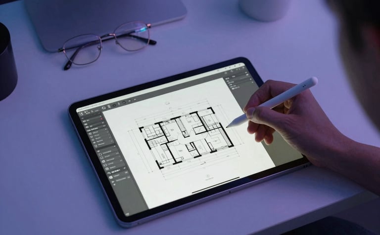 A top-down view of a sophisticated design workspace in the US. Professional tools, a stylus, and an iPad displaying architectural UI wireframes. The aesthetic is clean and modern with periwinkle blue accents and cool cinematic lighting, emphasizing cutting-edge digital craftsmanship.