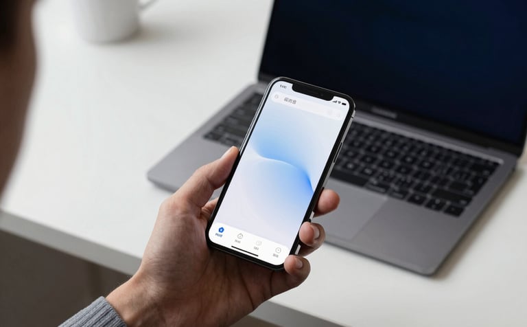 A high-end, minimalist North American office setting. A hand holds a modern iPhone showing a clean, sleek application interface. In the background, a MacBook Pro sits on a white desk with soft natural light, reflecting an innovative and sophisticated tech atmosphere. Colors include dark navy and ice blue.