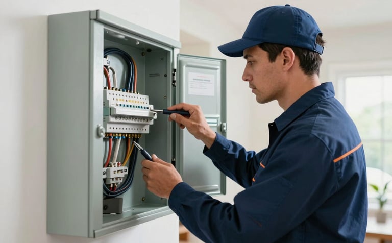 A professional licensed electrician in a clean uniform inspecting a modern electrical panel inside a bright, clean North American / US home. The scene is lit with clear, natural light, highlighting the Steel Blue and Navy colors of the professional's tools and uniform.
