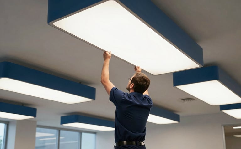 A wide-angle professional photograph of a technician installing high-efficiency lighting in a modern North American / US commercial office space. The environment features clean architectural lines and accents of Steel Blue and Navy.