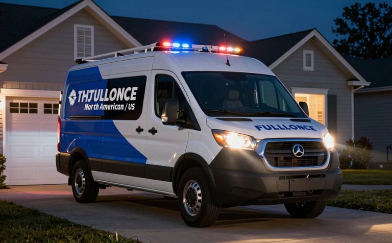 A nighttime shot of a professional service van with Navy and Steel Blue branding arriving at a North American / US suburban home. Headlights illuminate the driveway, suggesting rapid response and reliability.