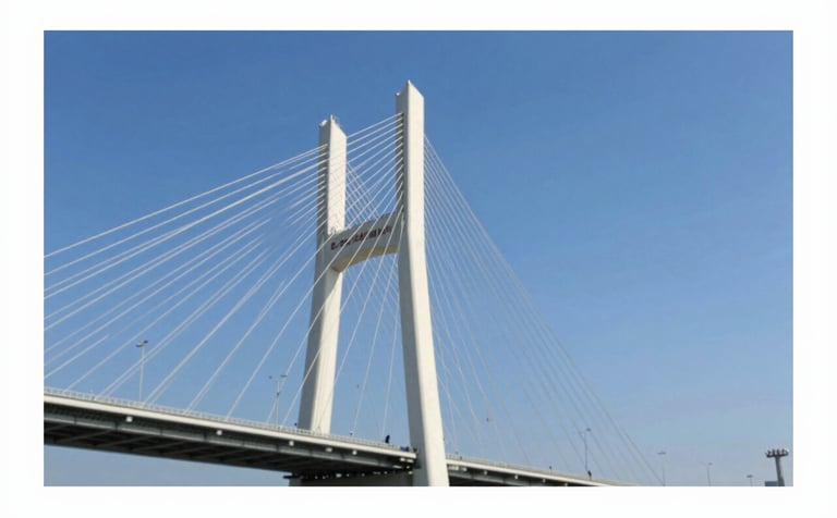 An impressive view of a high-complexity structural engineering project, such as a bridge or high-rise skeleton. The composition is dynamic and authoritative, featuring a clean blue sky and using brand colors #0B1C2E and #7D9DB2 for a corporate, reliable look.