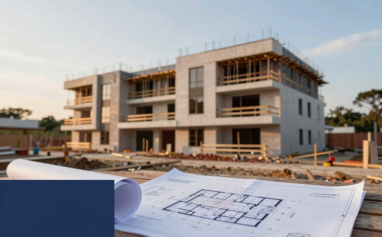 A wide-angle, professional shot of a modern residential construction site in Colombia during the golden hour. In the foreground, engineering plans are visible, incorporating a palette of #0B1C2E and #7D9DB2. The image conveys precision and high-quality craftsmanship.