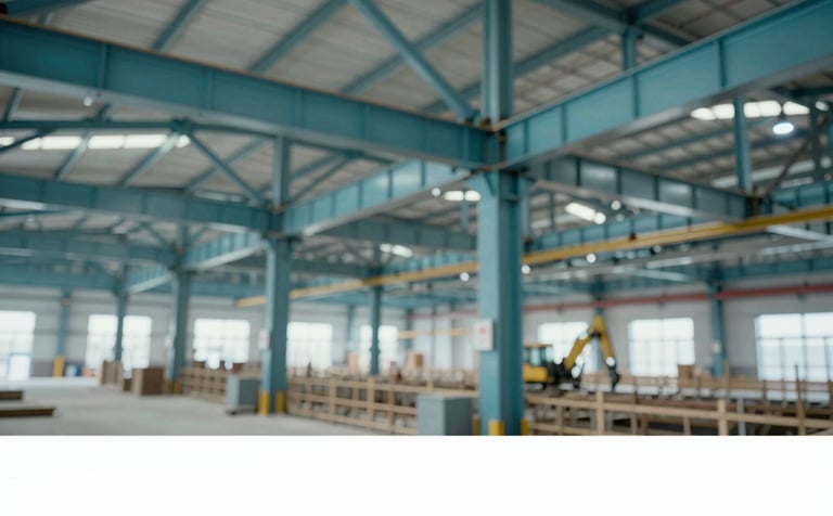 A sharp, industrial photograph of a large-scale warehouse construction. Technical details like steel beams and heavy machinery are captured with clarity. The lighting is bright and professional, utilizing tones of #345D7E and #F5F8FA to highlight technical mastery.