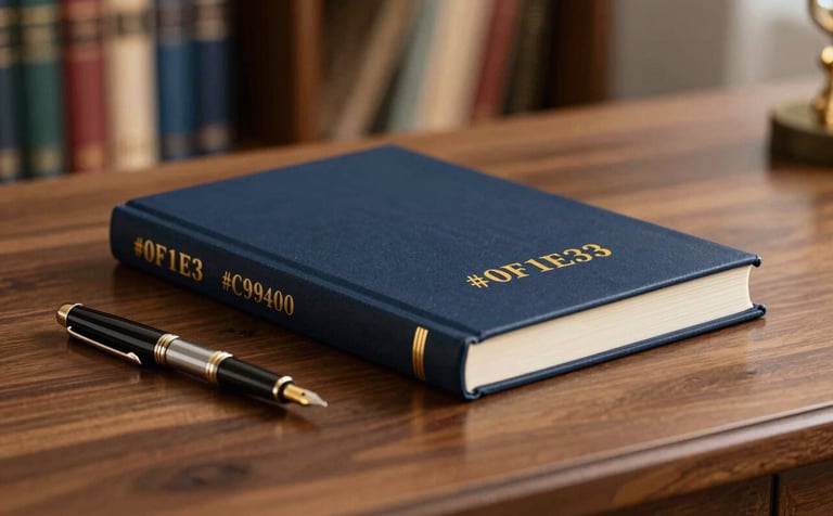 An elegant, close-up shot of a bound thesis or graduation project resting on a premium wooden desk. A luxury fountain pen lies next to it. The composition is sophisticated and professional, with a blurred background showing a shelf of academic books. Subtle lighting highlights the gold detailing on the book cover, reflecting the brand mood and colors #0F1E3D and #C9940A.