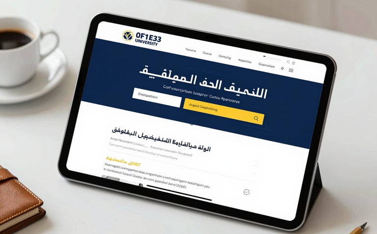 A clean, modern digital interface or dashboard displayed on a sleek tablet screen, showing an Arabic university registration portal. The surrounding environment is a bright, upscale workspace with a cup of coffee and a leather planner. The image uses brand colors #0F1E3D for the UI elements and #C9940A for call-to-action highlights. High-end, premium feel.