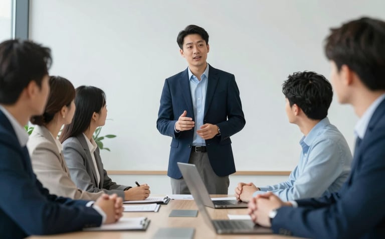 A professional business meeting in a bright, modern office. A leader is standing confidently while talking to an engaged group. The scene uses professional lighting and incorporates hints of the brand's navy #1C2D3B and light blue #8CA3B8 in the furniture and decor.