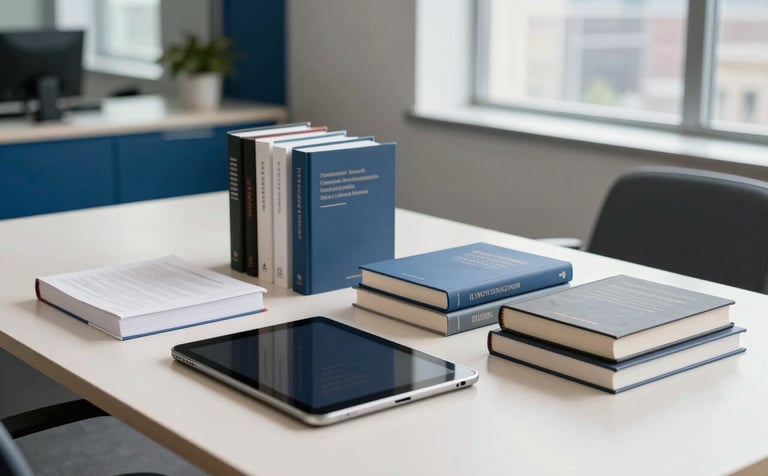 A bright, professional editorial office in a North American / US city. On an off-white table, a collection of professionally designed books and a digital tablet are arranged neatly. The room has slate blue accents and large windows letting in natural morning light, conveying trustworthiness.