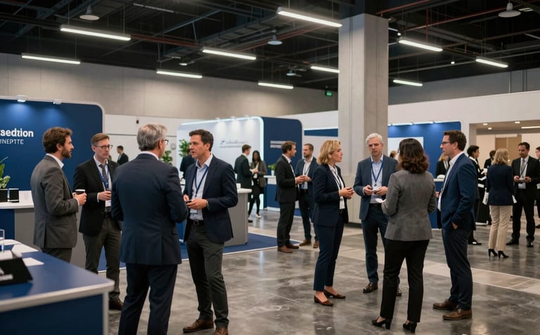 A wide-angle shot of a sophisticated event space in a North American / US convention center. The scene captures a professional networking atmosphere with people in corporate attire having a strategic discussion. The decor features steel blue and dark charcoal tones.