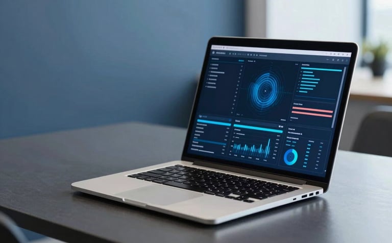 A close-up of a high-tech workspace in a North American / US office, featuring a sleek laptop on a dark charcoal desk. The screen shows abstract data visualizations in steel blue. The lighting is soft and professional, highlighting a clean, modern aesthetic with slate blue wall accents.