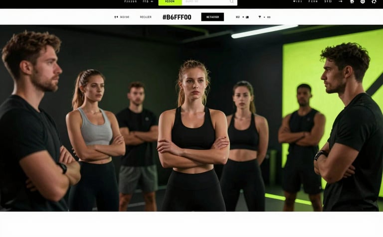 A group of focused fitness professionals at a high-end networking event. Shot from a low angle to look powerful. Lighting is dark and moody with sharp #FFFFFF highlights and #B6FF00 accents. Minimalist and ultra-modern.
