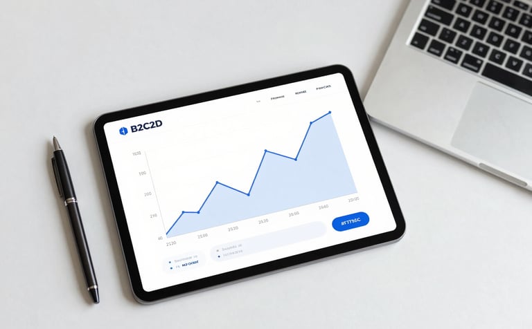 A top-down view of a clean workspace featuring a tablet showing financial growth charts, a pen, and a laptop. The aesthetic is modern and responsive, utilizing the #B2C2D1 and #F7F9FC brand colors for a trustworthy feel.