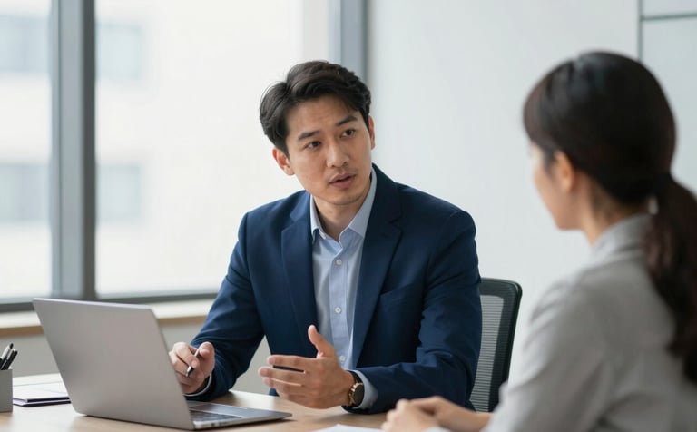 A professional financial consultant in a modern, clean Ohio office, discussing strategy with a client. The setting uses a professional palette of navy #0A1F2F and soft grays, with soft daylight coming through large windows, embodying integrity and clarity.