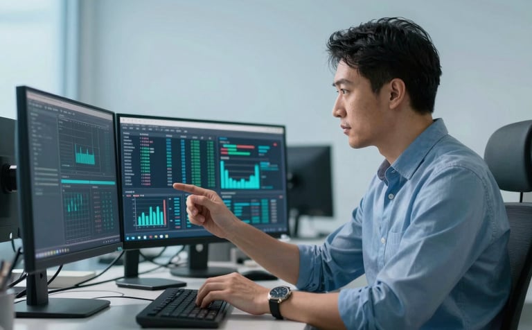 A professional IT consultant in a steel blue shirt analyzing data on multiple clean monitors. Soft ambient lighting with very pale sky blue tones, projecting modern expertise.