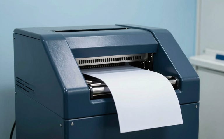 A secure destruction facility with an industrial paper shredder. Clean, professional environment with a focus on dark charcoal navy and very pale sky blue colors.