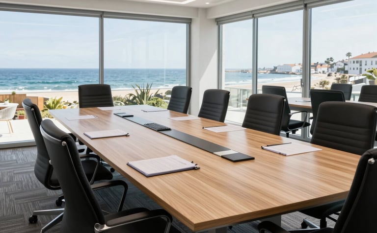 A wide shot of a professional meeting room in a modern European office. The table is made of light wood, with ergonomic chairs and high-quality stationery. Meticulous attention to detail is evident in the arrangement of the space. Large windows let in bright, clear daylight typical of the Portuguese coast.