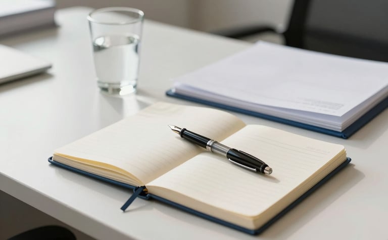 A close-up photograph of a professional office desk in a bright Lisbon building, featuring a clean notepad with a fountain pen, a glass of water, and organized white folders. The lighting is soft and natural, emphasizing a productive morning atmosphere in a European / Portuguese professional setting. The palette features off-white and muted blue accents.