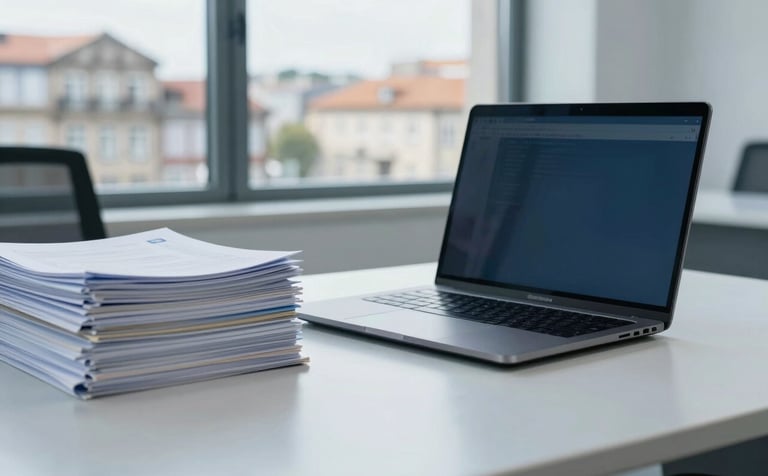 Professional photography of a modern administrative office in Porto. A high-end laptop is open next to a stack of neatly bound business reports. In the background, a blurred view of classic European / Portuguese architecture is visible through the window. The style is clean and trustworthy, with light blue and dark navy tones.