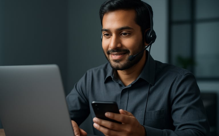 A close-up professional photograph of a South Asian / Pakistani customer support agent in a clean office environment, focused and friendly, using a modern laptop and smartphone, soft lighting, professional charcoal and slate blue color scheme.