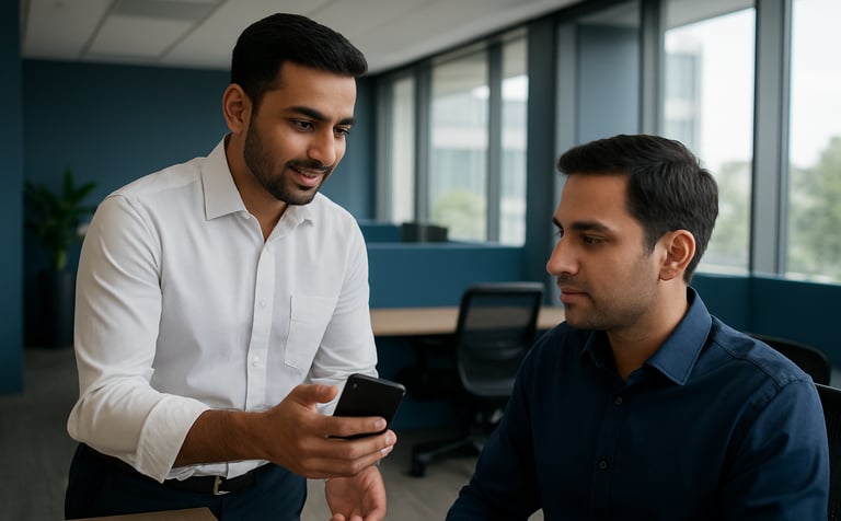 A sharp, high-quality photograph of a modern office interior in Islamabad, South Asian / Pakistani male professional in a clean white shirt assisting a driver with a smartphone, bright natural light, slate blue and navy blue office accents, efficient and welcoming atmosphere.