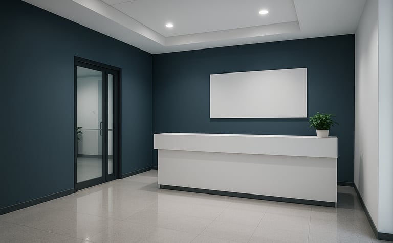 A wide-angle photography of a clean, minimalist Pakistani office reception area in Islamabad, polished floors reflecting soft light, modern professional signage, a sense of trust and efficiency, slate blue and white palette.