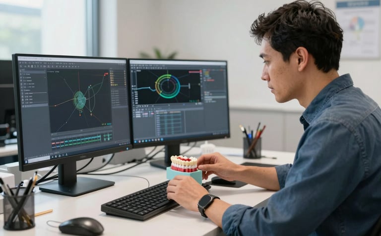 A design engineer in a professional North American office using sophisticated CAD software to model a complex dental assembly. Innovative, clean workspace, soft natural light, slate blue and off-white accents.