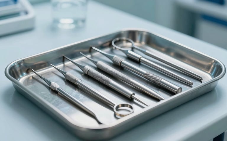 A clean, clinical photograph of surgical steel dental tools arranged on a tray in a professional North American lab. Soft sky blue reflections on polished metal surfaces, modern and authoritative vibe.