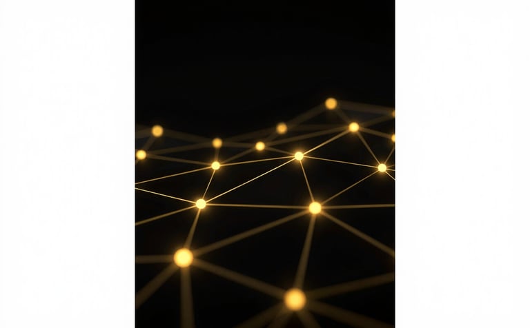 An abstract, high-tech visual of glowing data nodes connected by thin gold lines against a deep black background. Represents digital security and encryption. Minimalist and sophisticated style. Colors: #0A0A0A, #1C1C1C, #D4AF37.