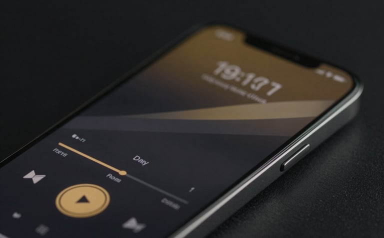 A close-up of a high-end smartphone displaying a sleek media player interface with dark glass textures and subtle gold playback controls. The lighting is moody and cinematic, emphasizing a premium technological feel. Colors: #0A0A0A background with #D4AF37 accents.