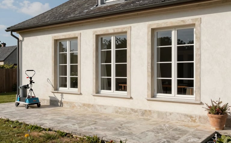 A wide shot of a clean stone terrace and large sparkling windows of a house in a Central European / French village. Professional cleaning gear is subtly present. The lighting is bright and crisp, highlighting a job well done.