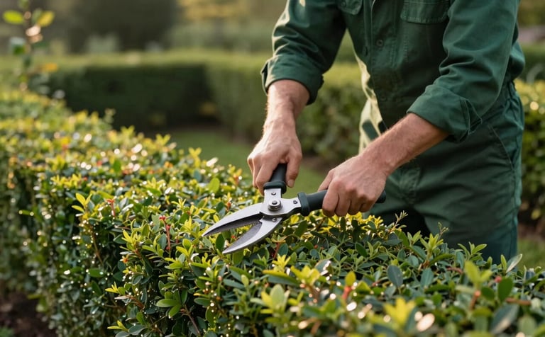 A professional gardener in deep forest green clothing pruning a healthy green hedge in a Central European / French garden. The sun creates a soft amber glow on the foliage. The tools are clean and high-quality, reflecting professional care.