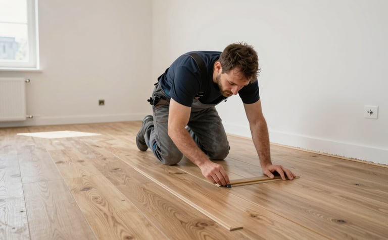 Professional home renovation scene in a Northern European house. A bright, open space with freshly plastered white walls and a craftsman laying premium oak laminate flooring. Sleek, professional, and clean working environment showing precision.