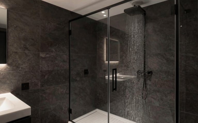A high-end, luxurious modern bathroom in a Dutch home. Featuring large format dark charcoal tiles, a minimalist walk-in rain shower with a seamless glass partition, and premium matte black hardware. Soft recessed lighting creates a sophisticated atmosphere. Northern European / Dutch interior design.