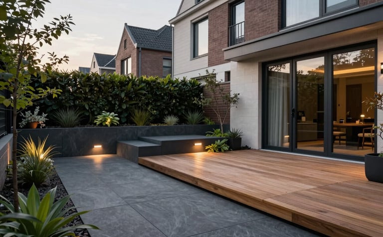 A modern, architecturally designed backyard in a Dutch residential area. Featuring sleek anthracite paving, clean wooden terrace decking, and minimalist plant borders. Professional outdoor lighting emphasizes the luxury and precision of the garden renovation.