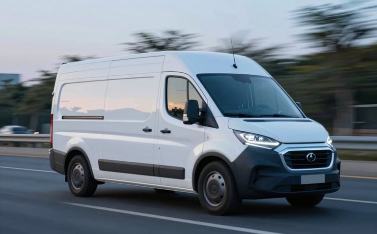 A sleek, modern courier van with a minimalist white and navy aerodynamic design, driving swiftly along a clean urban highway during the blue hour. High-speed motion blur in the background, sophisticated lighting reflecting off the metallic surface, incorporating #0A1F2C and #56A8C7 accents.