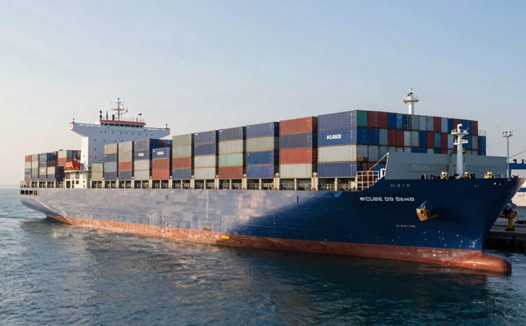 A wide-angle shot of a massive container ship at a high-tech logistics port. Precisely stacked containers in shades of #1C4E80 and industrial grey. Calm deep blue water, bright morning sunlight emphasizing the scale and efficiency of global shipping.