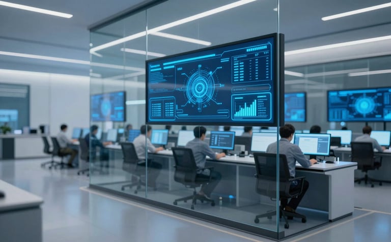 A high-tech logistics command center interior. Transparent glass screens glowing with blue data maps, reflecting a clean and professional atmosphere. Polished floors, modern architecture, and a color palette featuring #0A1F2C and #56A8C7 highlights.