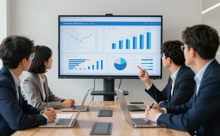 A collaborative team meeting in a North American tech hub. Marketing professionals discussing strategy around a large screen showing analytics. Natural lighting, medium blue and navy color palette, clean modern aesthetic.