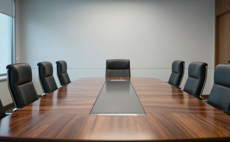 A high-end, sleek North American executive boardroom with a large polished wood table. Soft lighting, professional atmosphere, reflecting a sophisticated and authoritative brand mood with light blue accents.