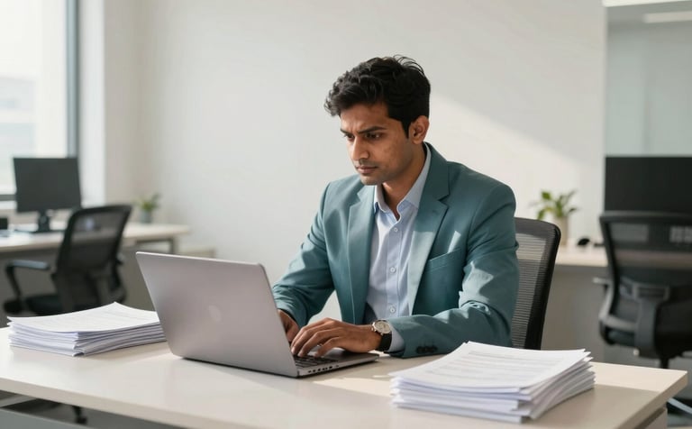 A focused South Asian professional in a modern, sunlit Mumbai office, wearing business attire, working on a sleek laptop surrounded by neat stacks of incorporation papers. The setting is clean and minimalist with tones of off-white and teal.