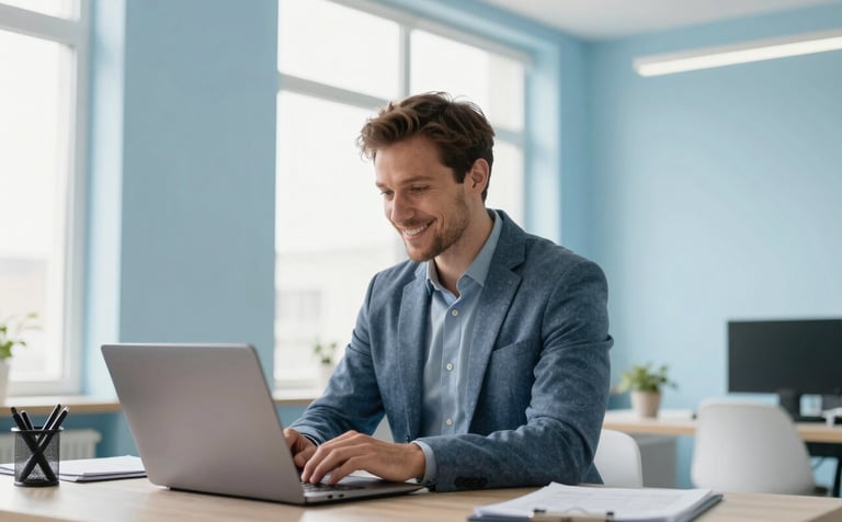 A professional adult in a bright, airy office space with very light blue walls and large windows, working on a laptop with a focused and inspired expression. The atmosphere is modern and clean. Global / International.