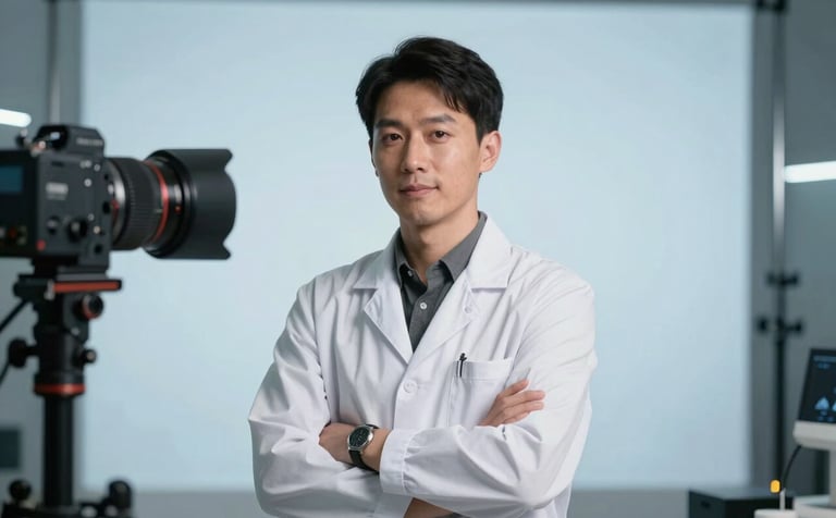 An expert professional standing in a high-tech studio environment with very light blue backlighting, looking confident and skilled. Professional photography. Global / International.